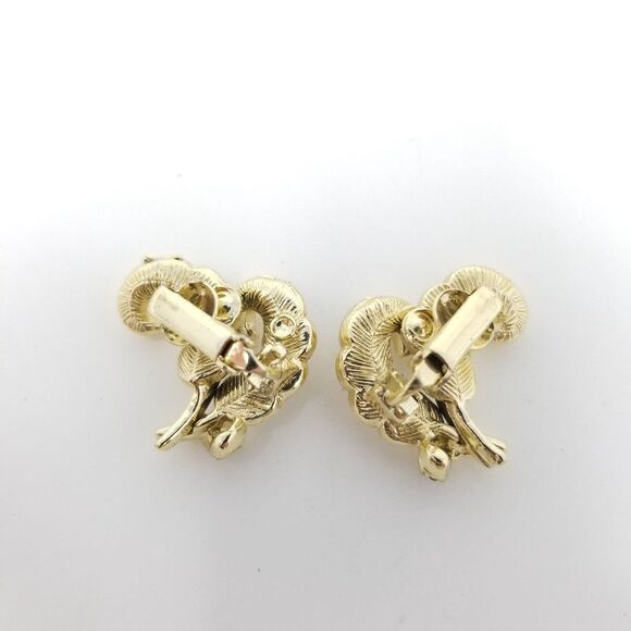 Vintage Gold Tone and Rhinestone Feather Plume Clip On Earrings, Retro Estate - Picture 4 of 5